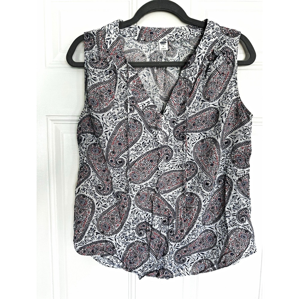 Old Navy Sleeveless Paisley Button-Front V-Neck Blouse M White/Blue/Red